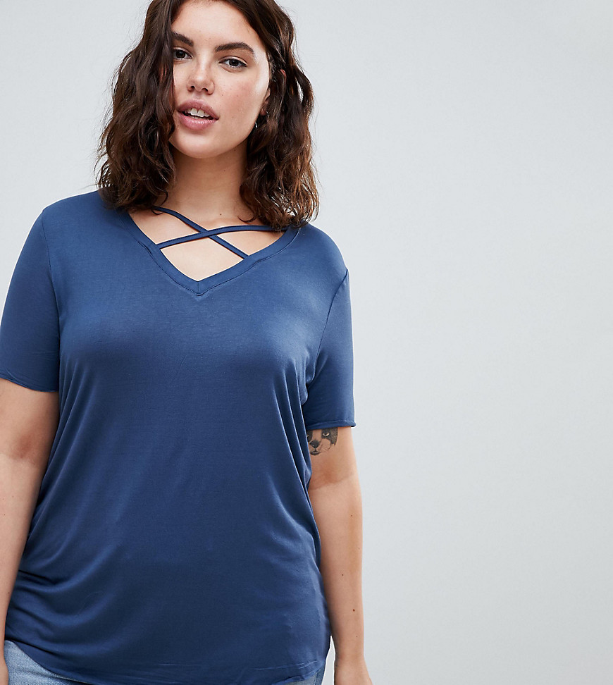 Brave Soul Plus Harbour T Shirt with Cross Strap Detail - Denim blue