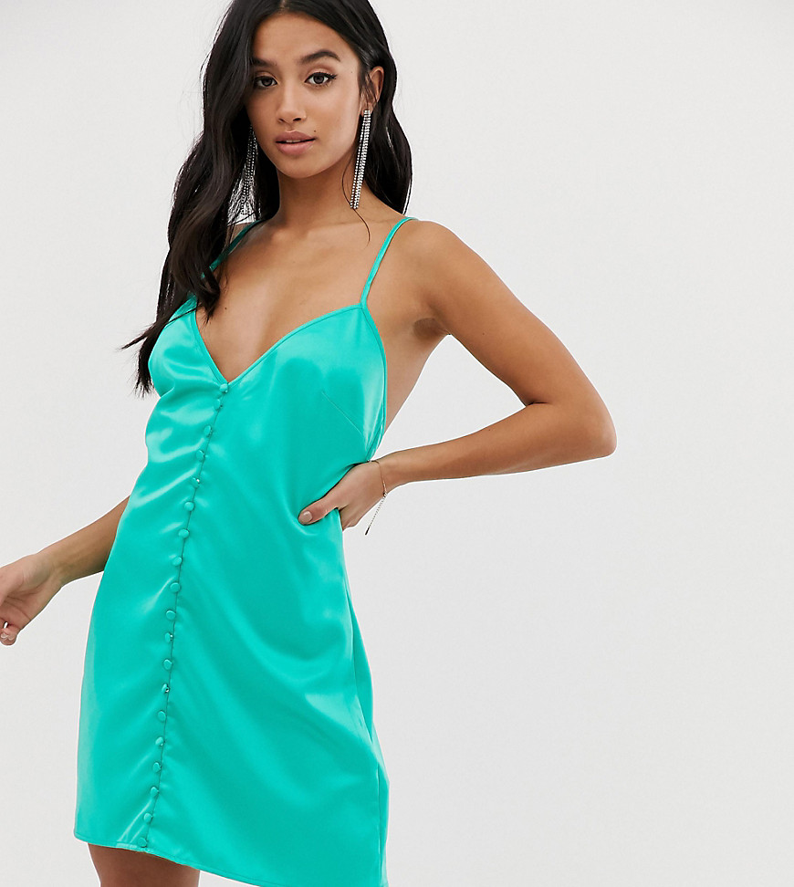 Missguided Petite satin slip dress with button detail in green