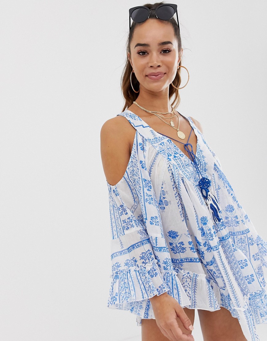 ASOS DESIGN Cold Shoulder Tile Print Beach Dress With Mirror Trim Detail