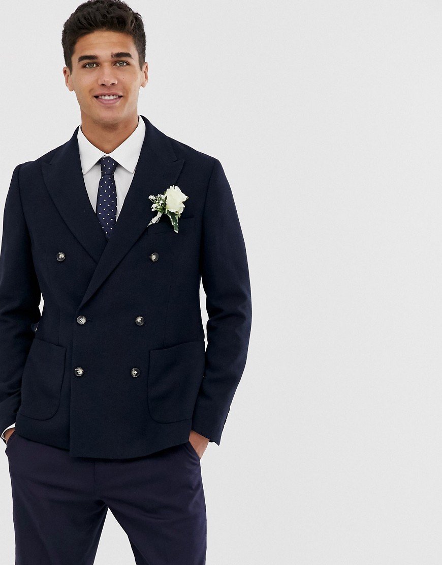 Moss London skinny double breasted suit jacket in navy