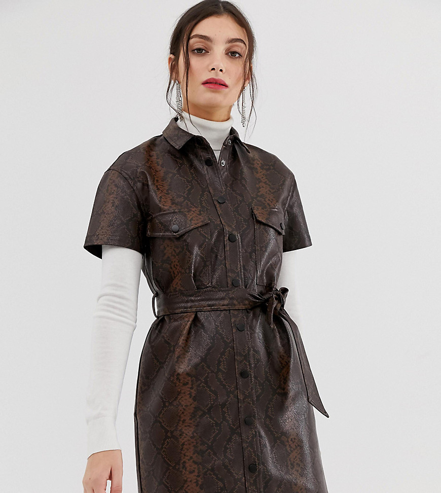 Stradivarius faux leather dress with tie waist in snake print