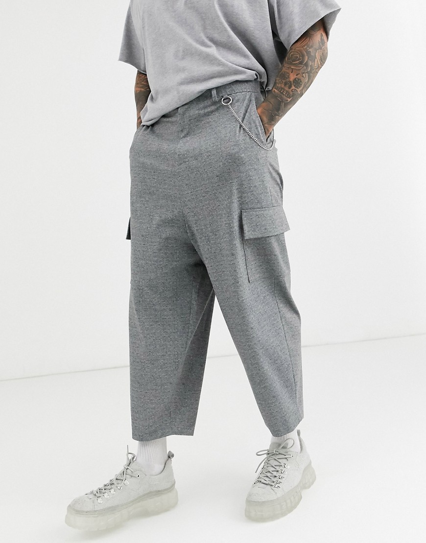 ASOS DESIGN drop crotch grey tapered smart trousers with cargo pockets and metal chain