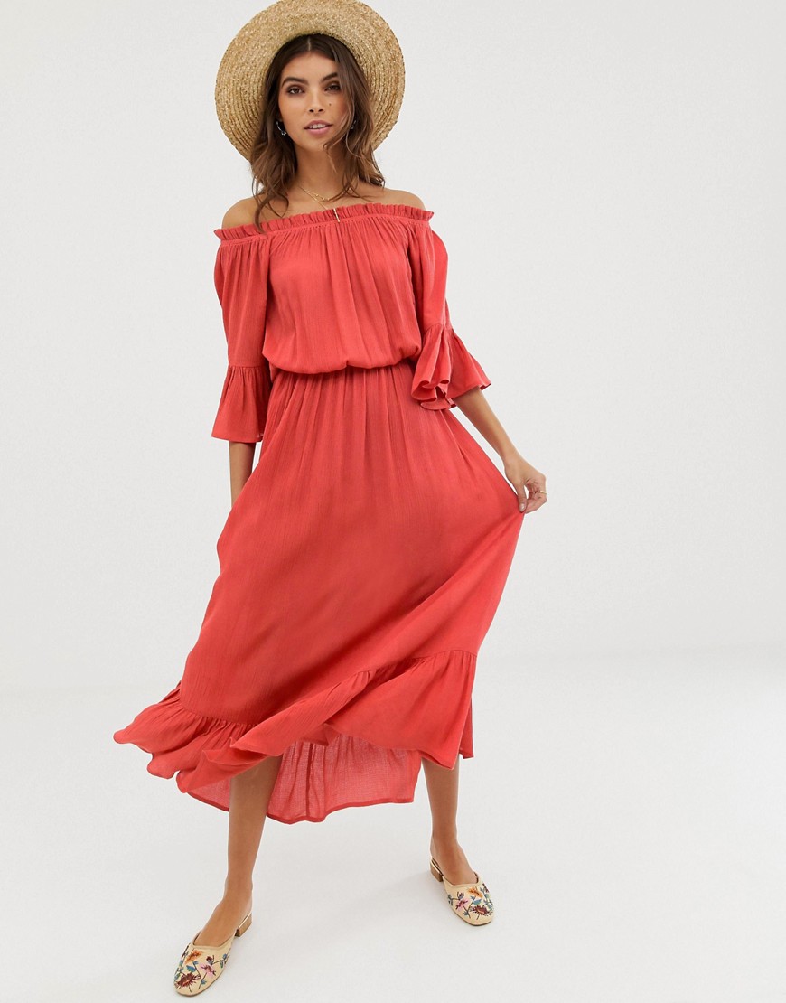 Asos Design Off Shoulder Maxi Dress In Texture Dobby-red