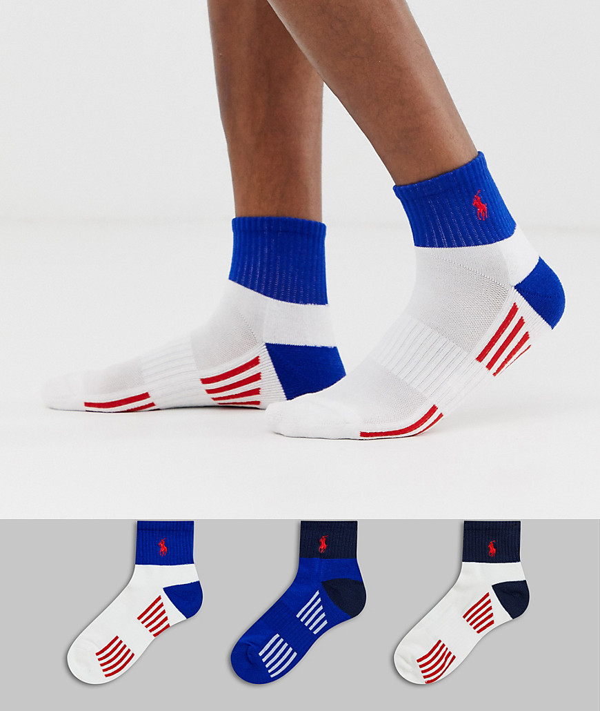 Polo Ralph Lauren 3 pack sport ankle socks with polo player in white/white/royal blue/red