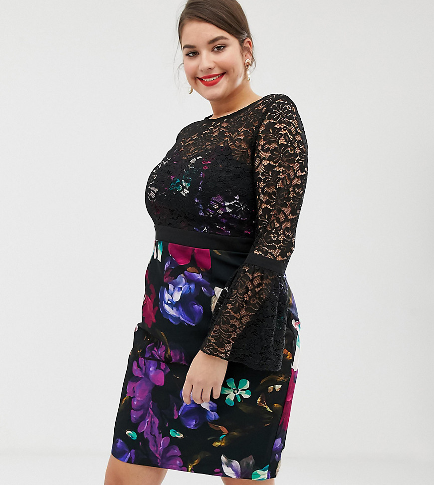 Paper Dolls Plus 2 in 1 lace top midi dress with printed skirt in multi