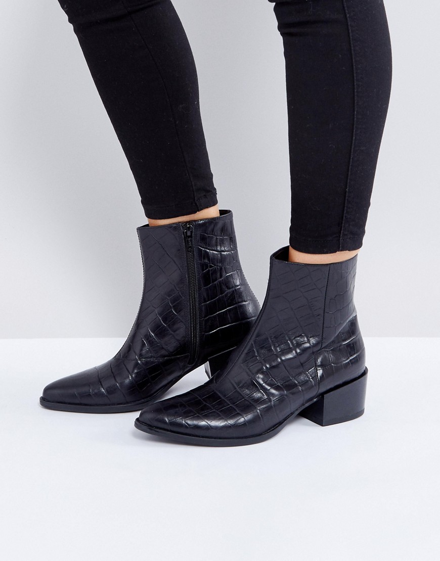 Vagabond Marja Black Leather Croc Effect Ankle Boots - Black embossed leath