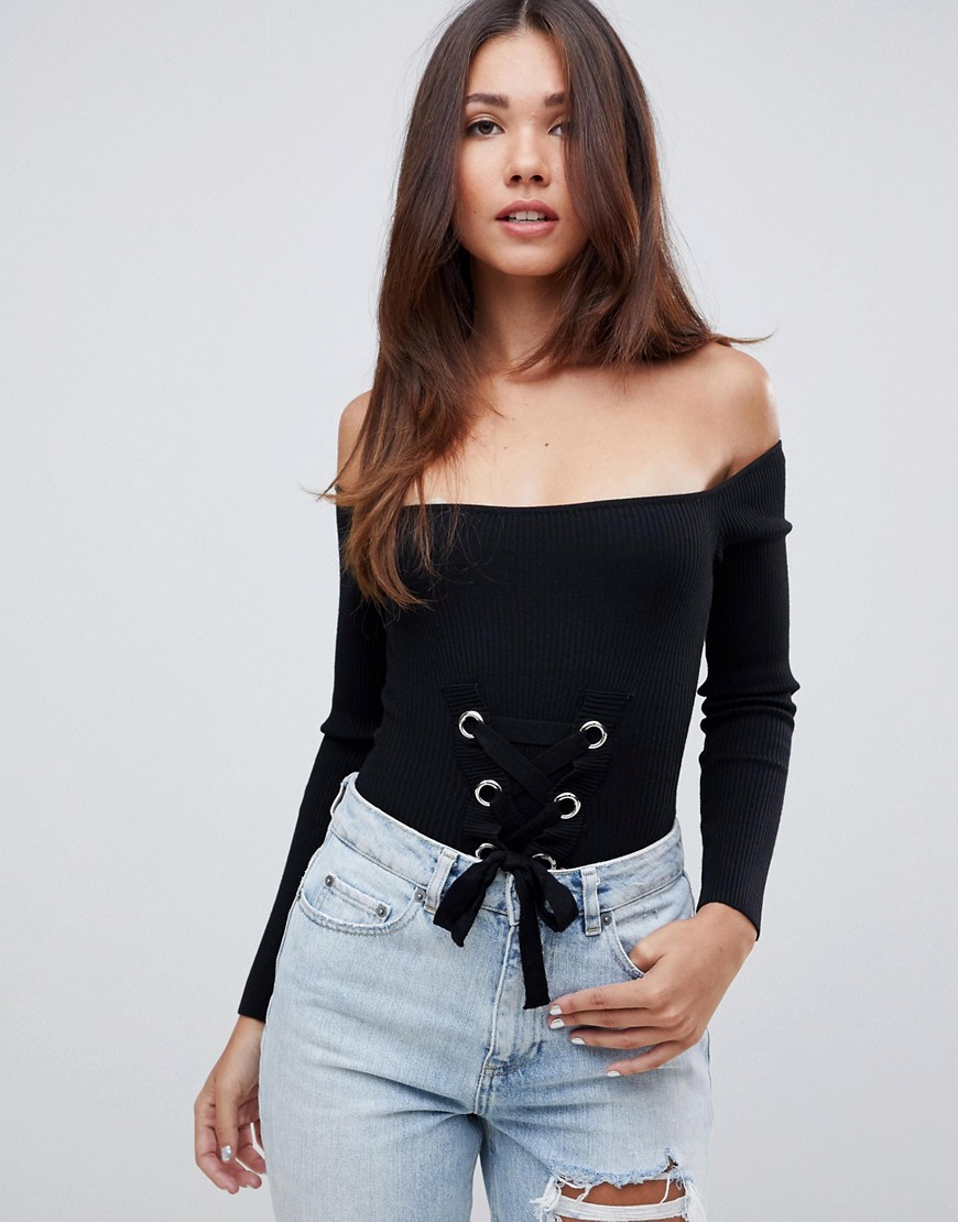 Missguided lace up bardot knitted bodysuit