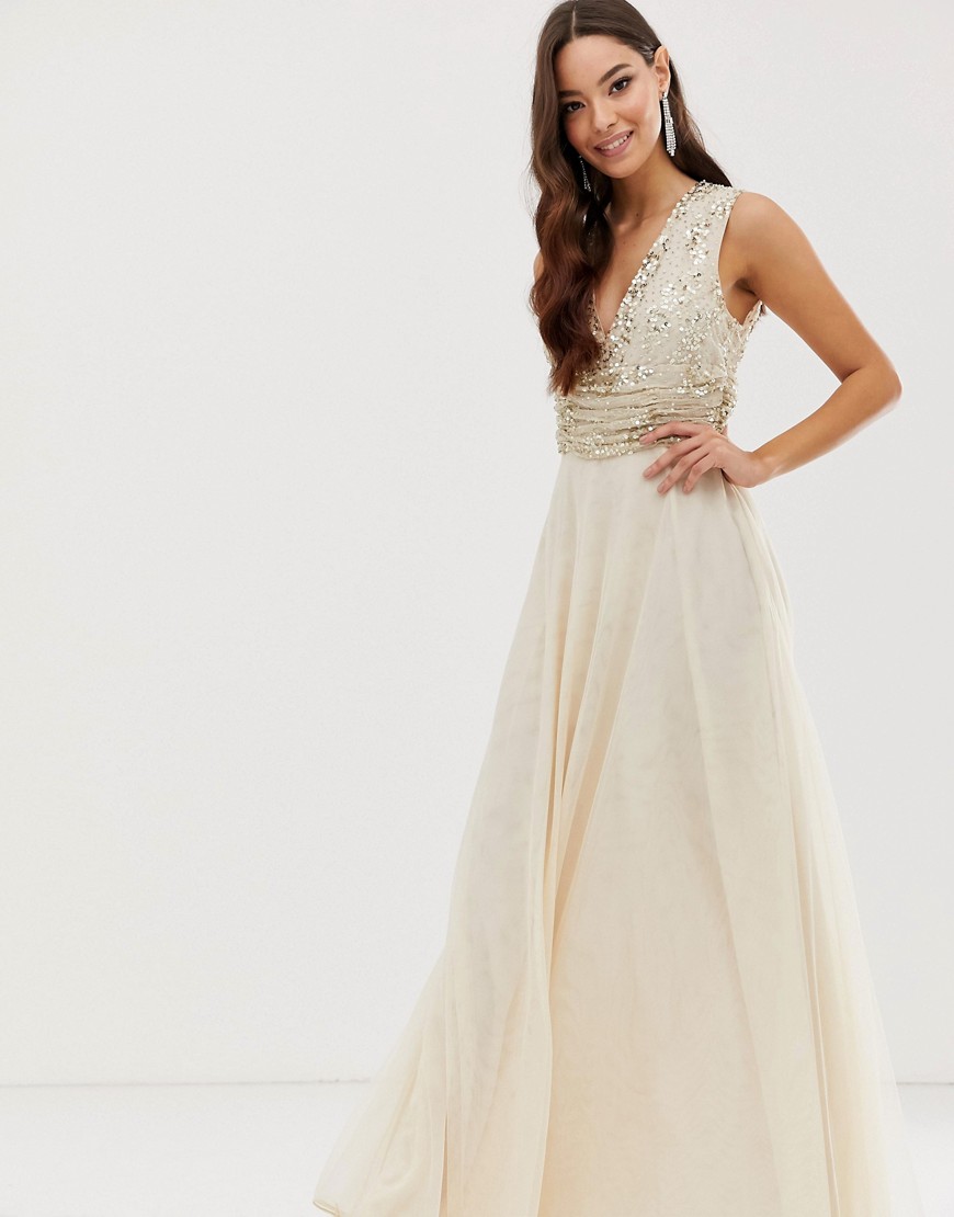 ASOS DESIGN maxi dress with pearl and sequin embellished drape bodice