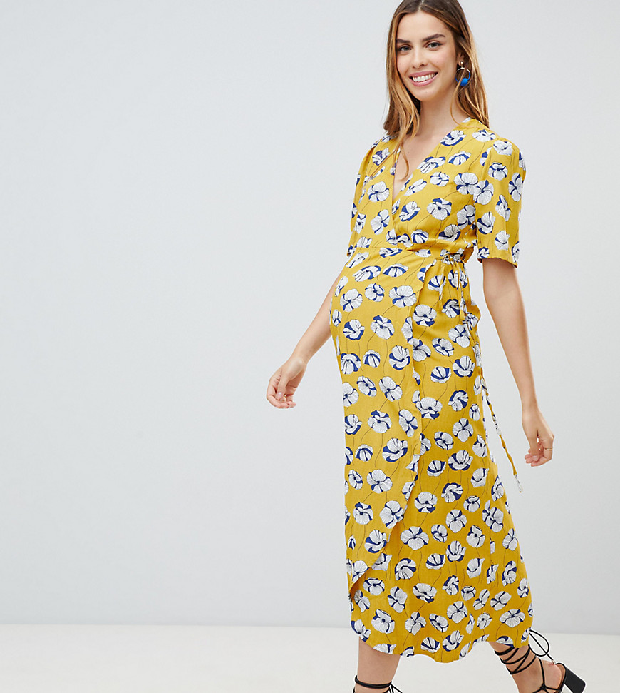 Glamorous Bloom Maternity floral midi wrap dress - Yellow navy folral