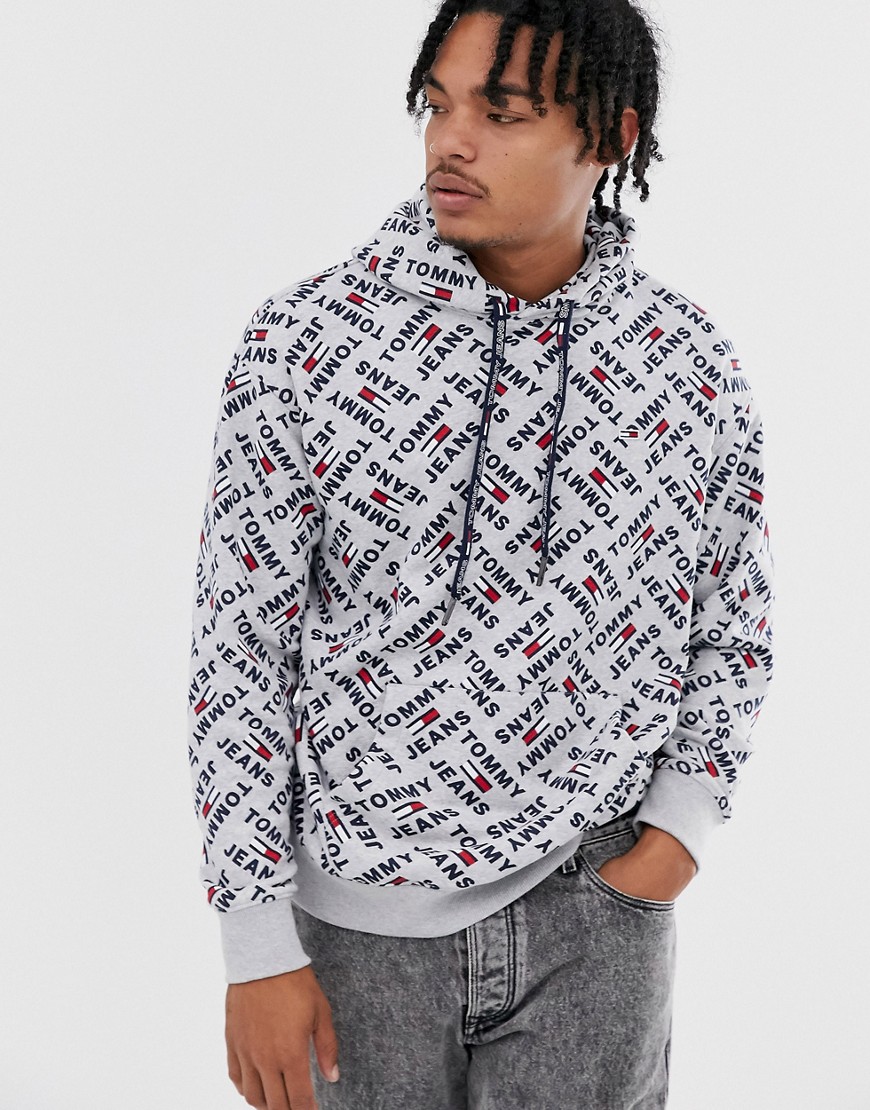 Tommy Jeans overhead hoodie in grey with all over print