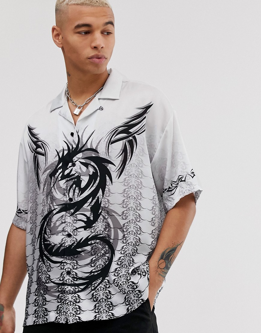 Jaded London revere collar shirt with tribal dragon print in white