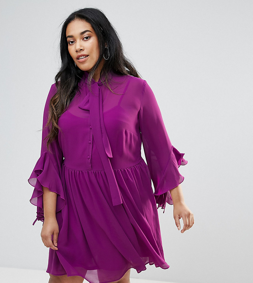 Unique 21 Hero Plus Smock Dress With Tie Neck And Ruffle Sleeves - Purple