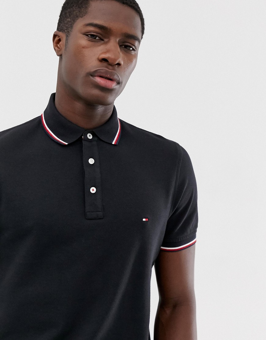 Tommy Hilfiger tipped polo slim fit with pique flag logo in black