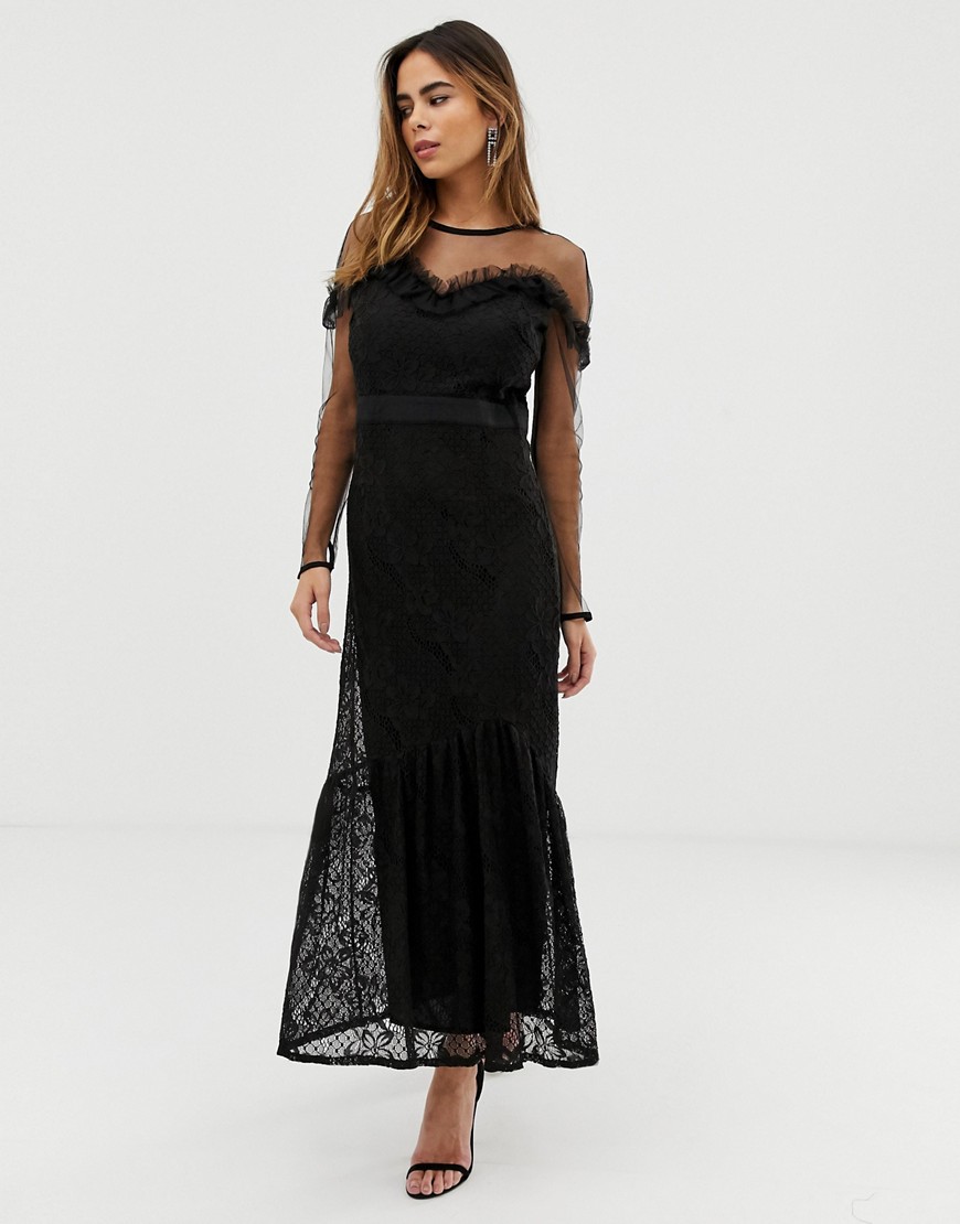 Liquorish Maxi Dress With Lace Overlay And Ruffle Detail-black