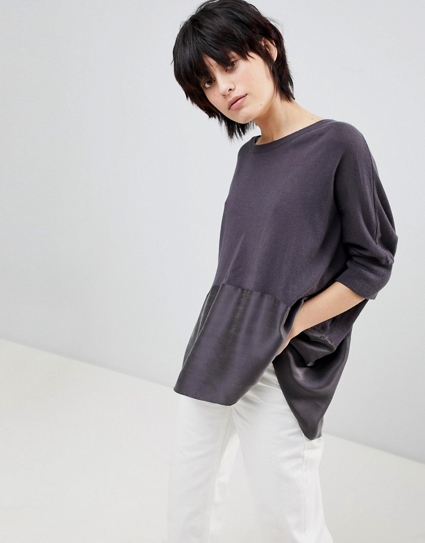 Paisie Knitted Top with Silk Panel - Grey