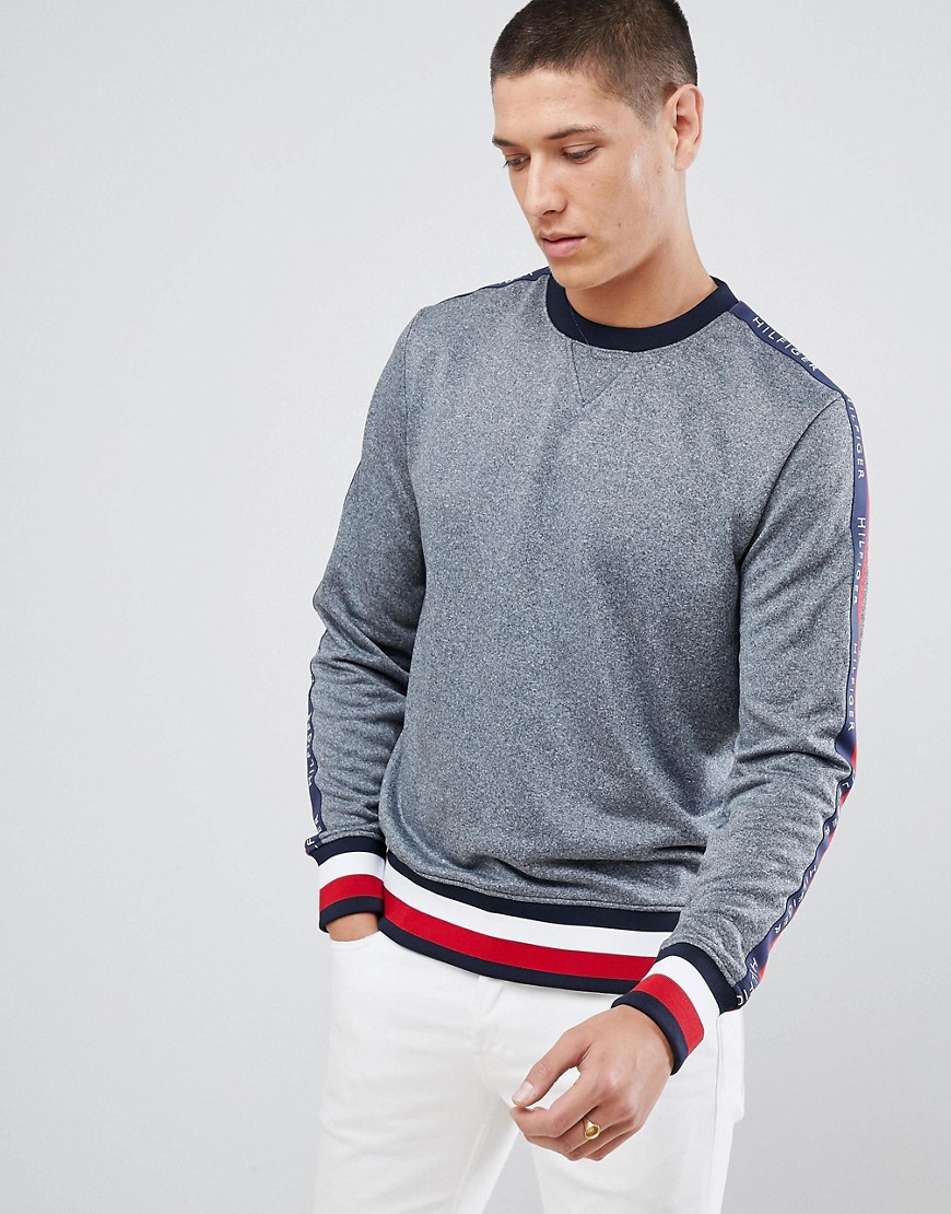 Tommy Hilfiger Sports Capsule Crewneck Icon Stripe Trim Sweatshirt with Sleeve Logo Taping in Grey Marl - Grey marl