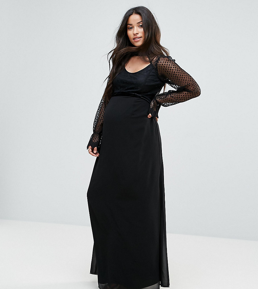 TFNC Maternity High Neck Long Sleeve Lace Maxi With Velvet Trims - Black