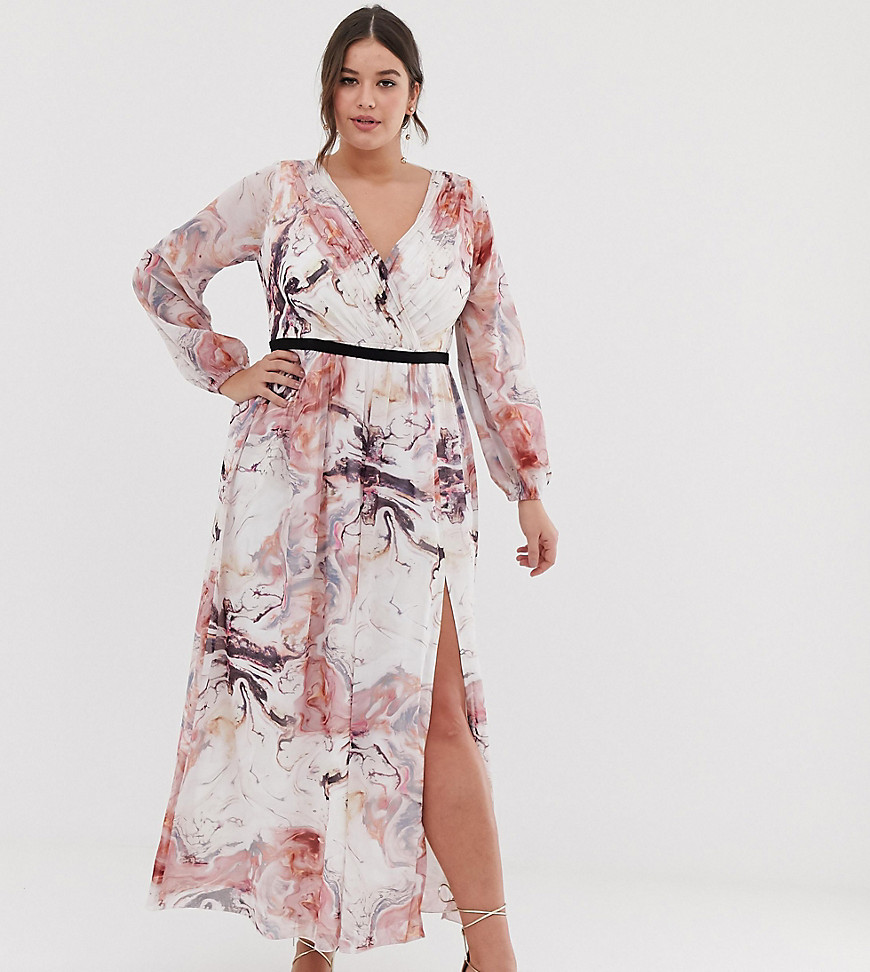 Little Mistress Plus plunge front long sleeve maxi dress in floral print