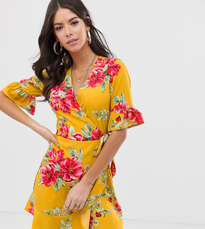 Influence Tall wrap dress with frill detail in floral print