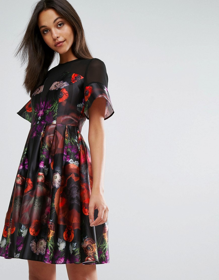 Skeena S Midi Prom Dress in Heavy Satin in Dark Floral