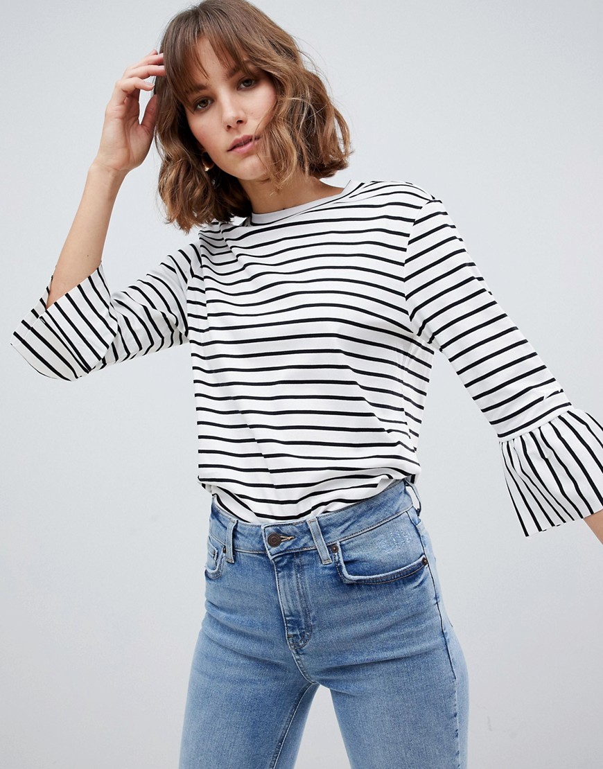 Maison Scotch Stripe Top with Ruffle Sleeves