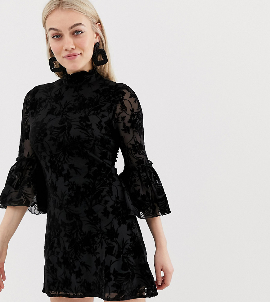 Parisian Petite high neck floral lace dress with flare sleeve