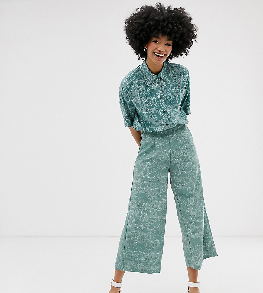 Monki cropped wide leg trousers with elastic waist and cloud print in turquoise