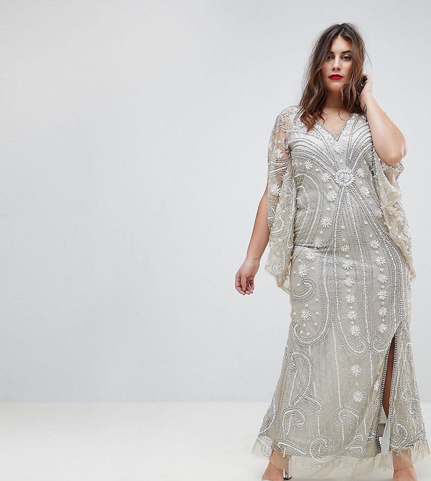 A Star Is Born Plus Embellished Maxi Dress With Cape Sleeves - Silver