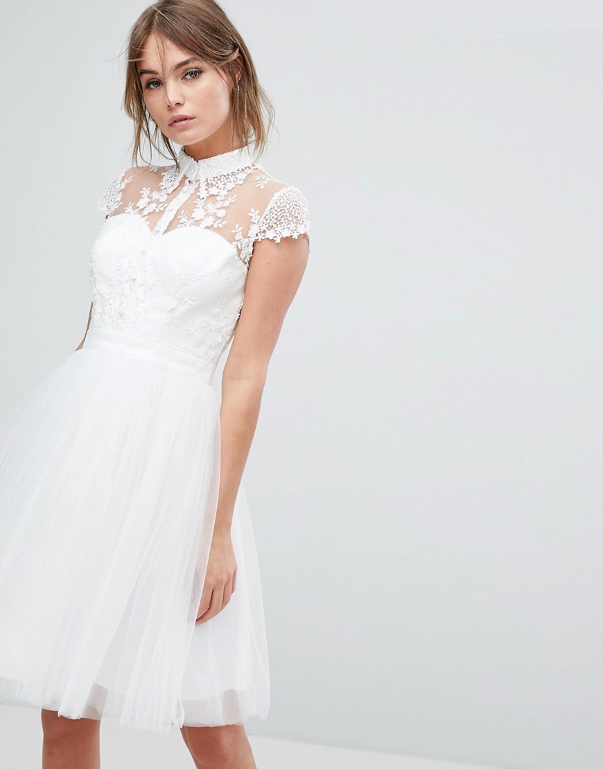 Chi Chi London Mini Tulle Skater Dress With Lace Collar - Ivory