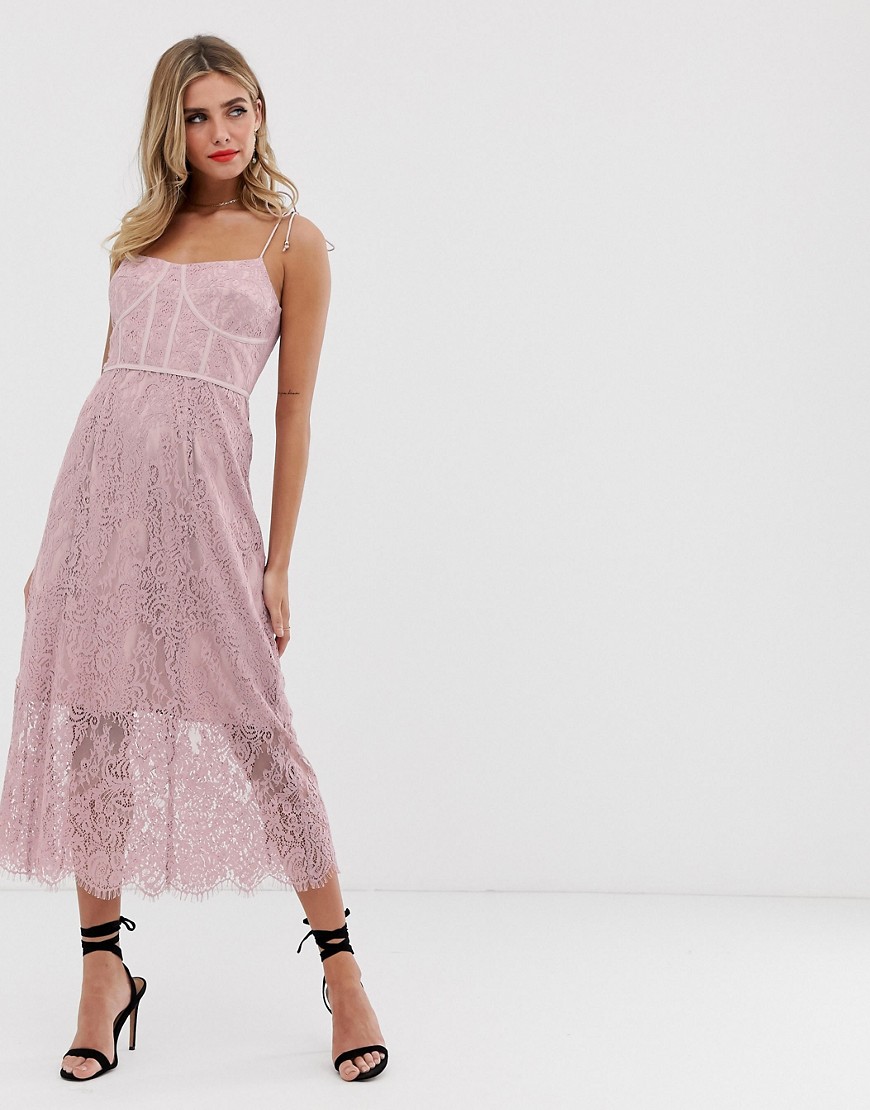 Keepsake Sense Lace Midi Dress With Corset Detail-pink
