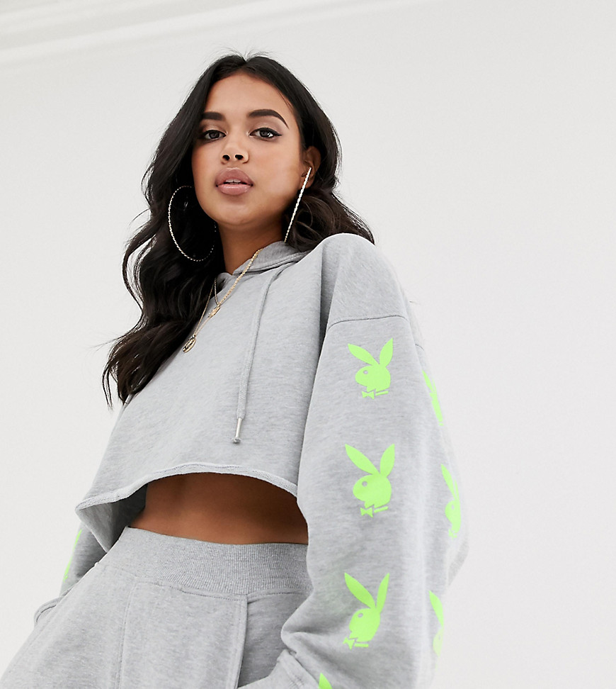 Missguided Playboy co-ord cropped hoodie in grey