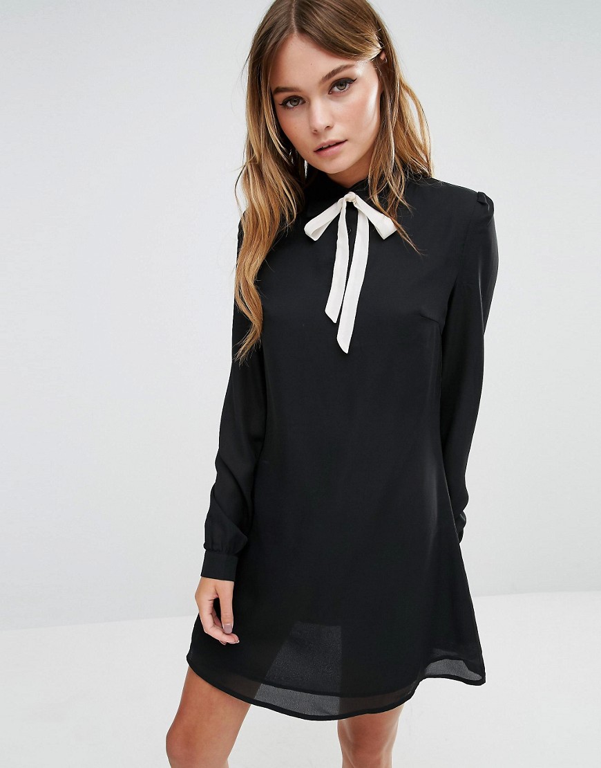Fashion Union Shirt Dress with Tie Neck - Black/white