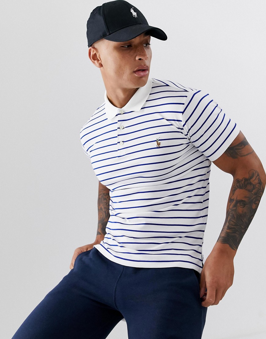 Polo Ralph Lauren multi player logo stripe pima cotton polo slim fit in white/blue