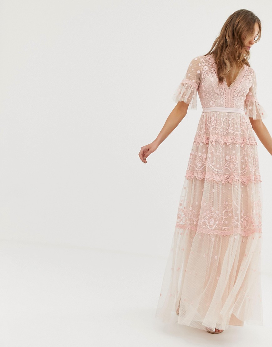Needle & Thread embroidered maxi dress with flutter sleeve in rose