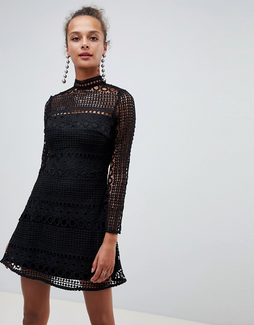 Parisian High Neck Long Sleeve Lace Skater Dress - Black