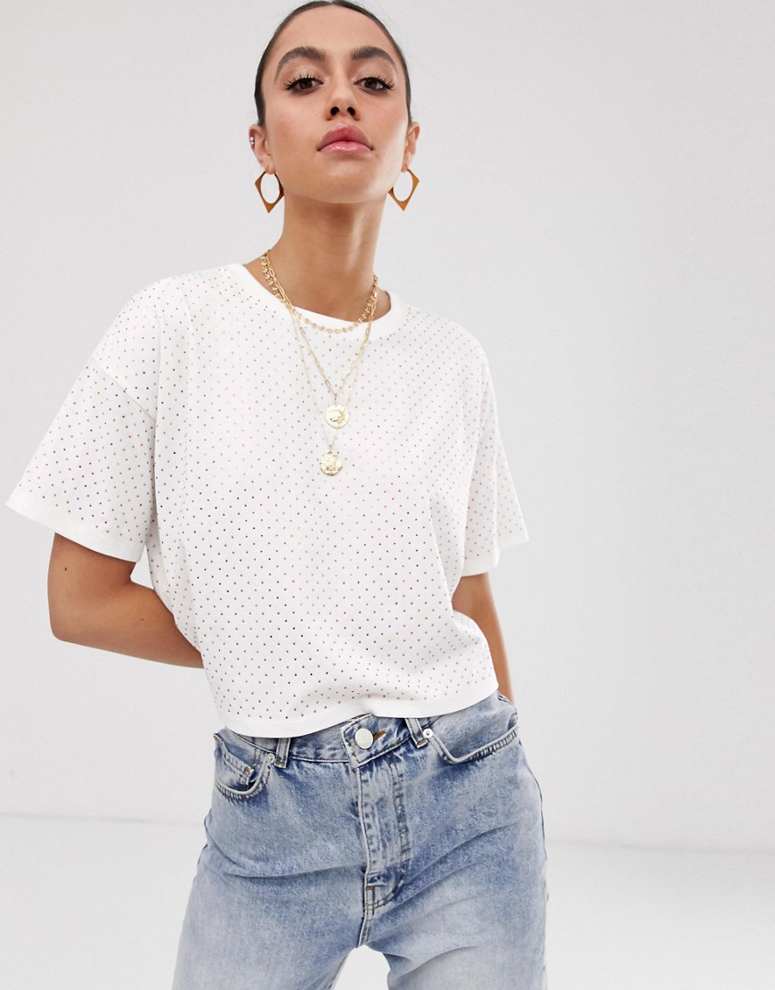ASOS DESIGN boxy cropped t-shirt with pink crystal studs