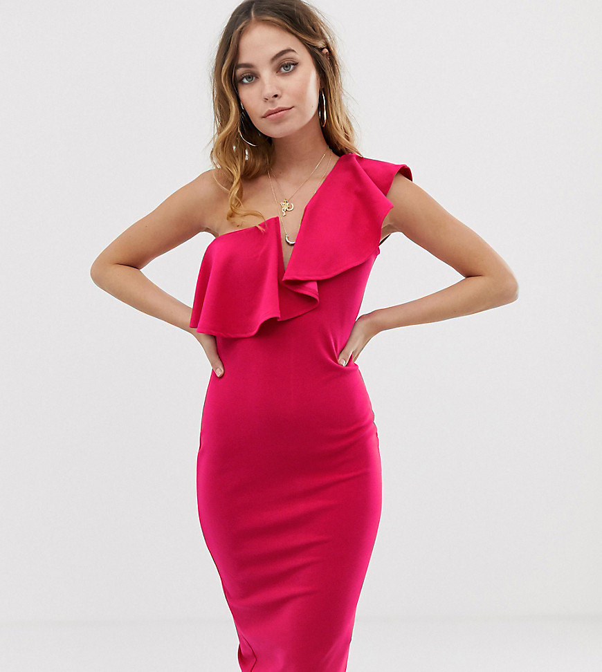 Missguided Petite one shoulder plunge midi dress with frill trim in hot pink