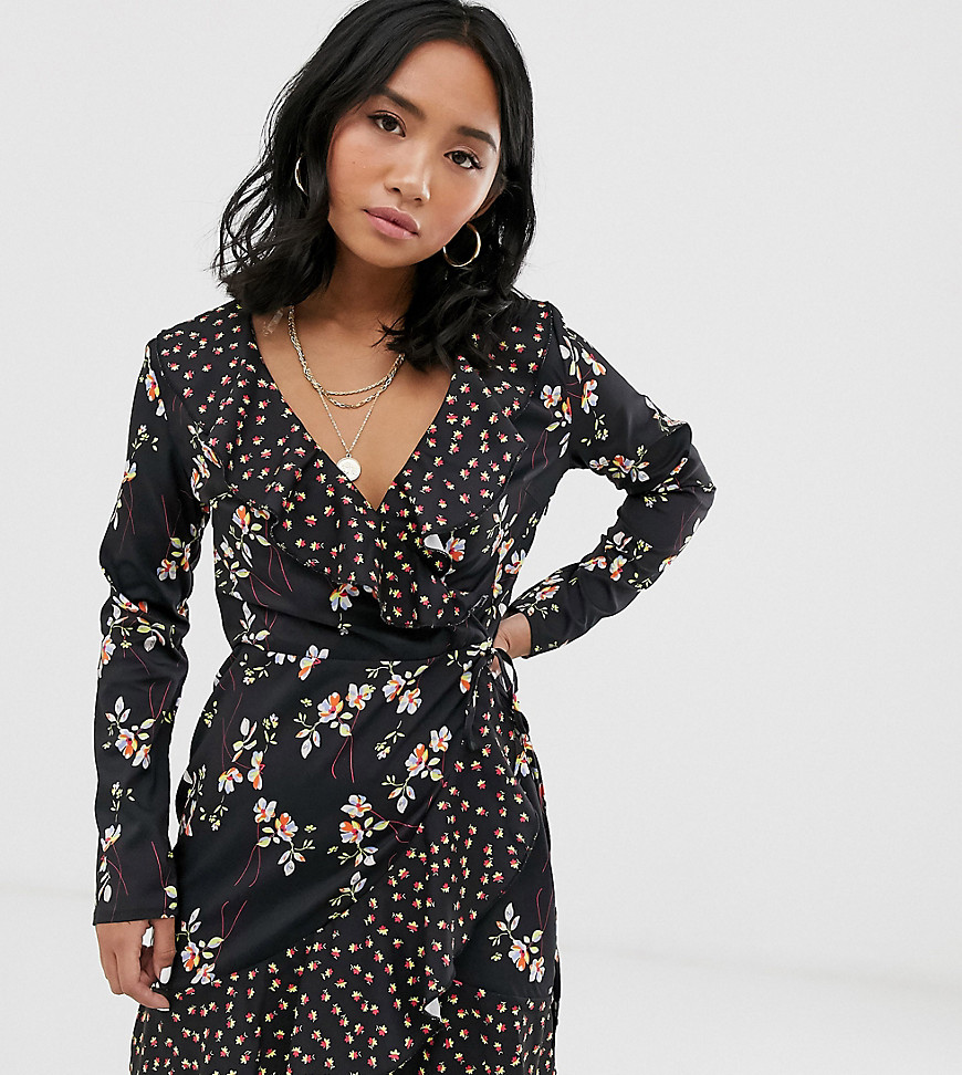 Parisian Petite wrap dress with frill in floral mix print