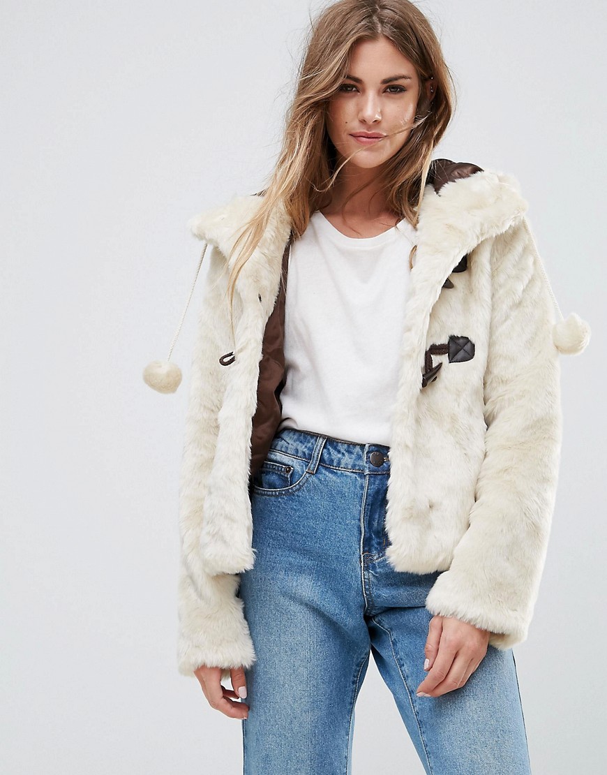 Urban Bliss Hooded Faux Fur Jacket With Pom Poms - Cream