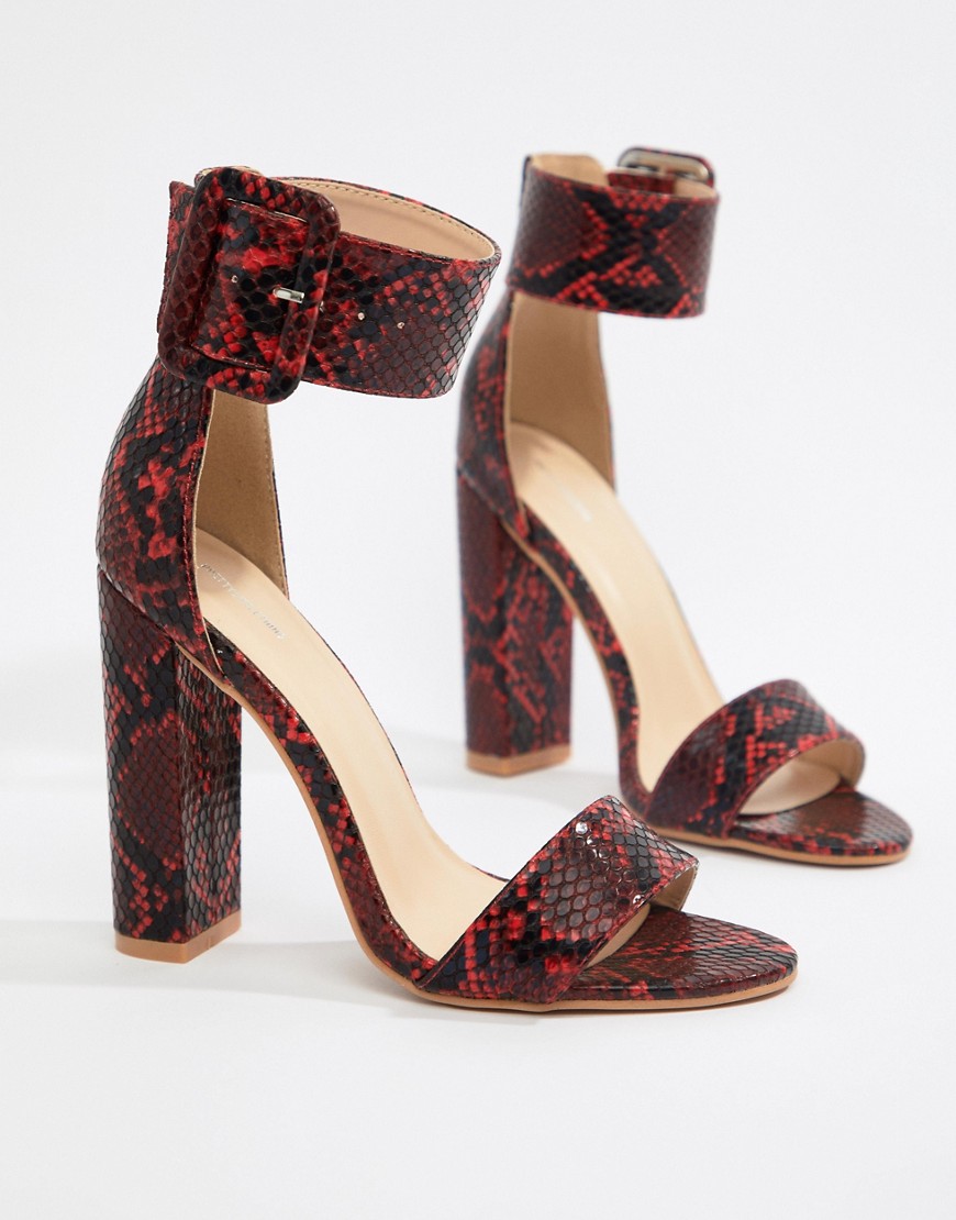 PrettyLittleThing block heel sandals in snake - Red