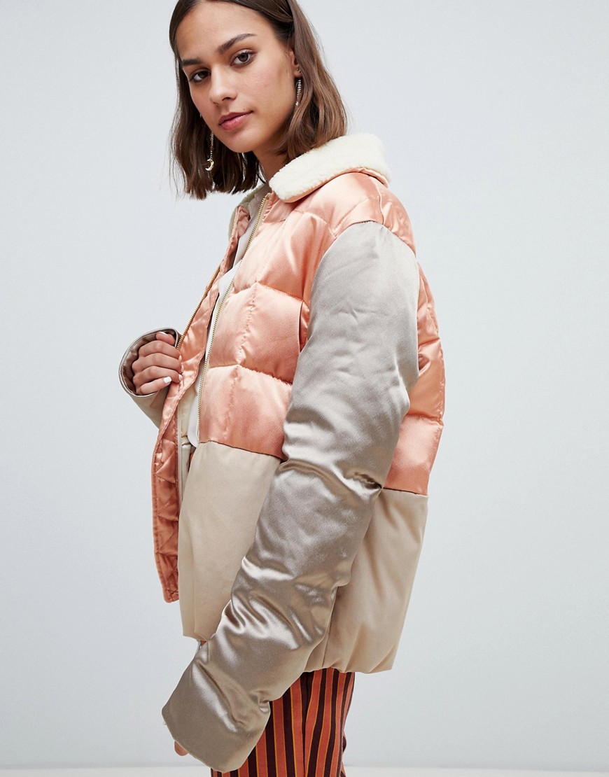 Maison Scotch satin and canvas quilted bomber jacket - Combo a