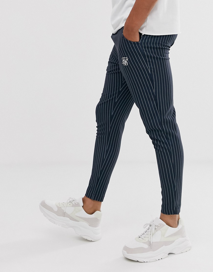 SikSilk slim cropped trousers in navy pinstripe