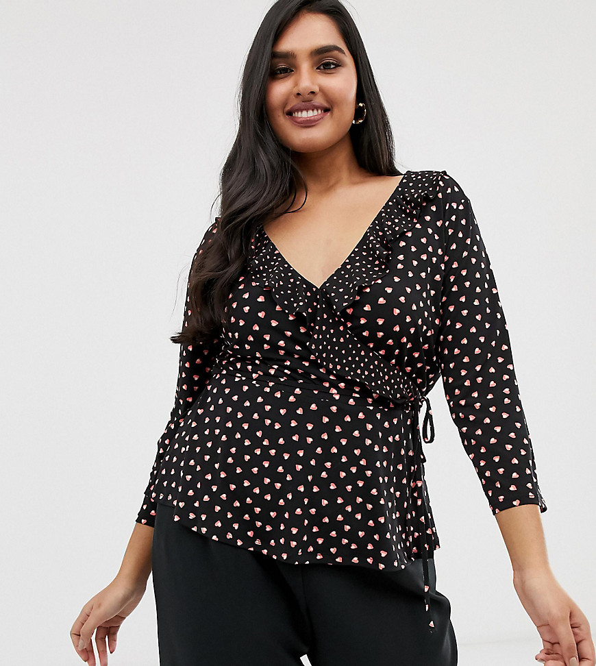 Oasis Curve wrap top with ruffles in heart print