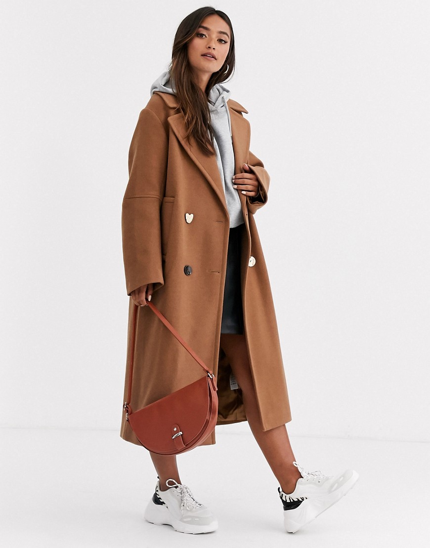 Asos Design Longline Textured Coat With Mixed Buttons-orange