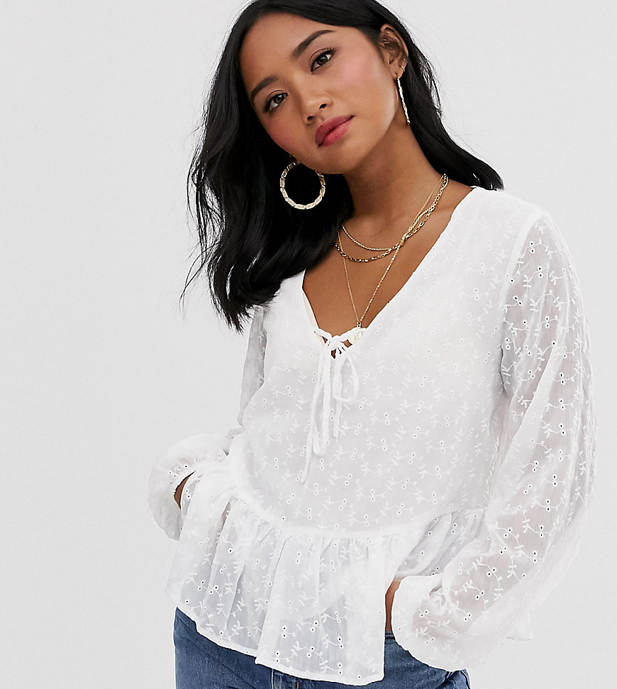 New Look Petite tie front long sleeve shell top in white