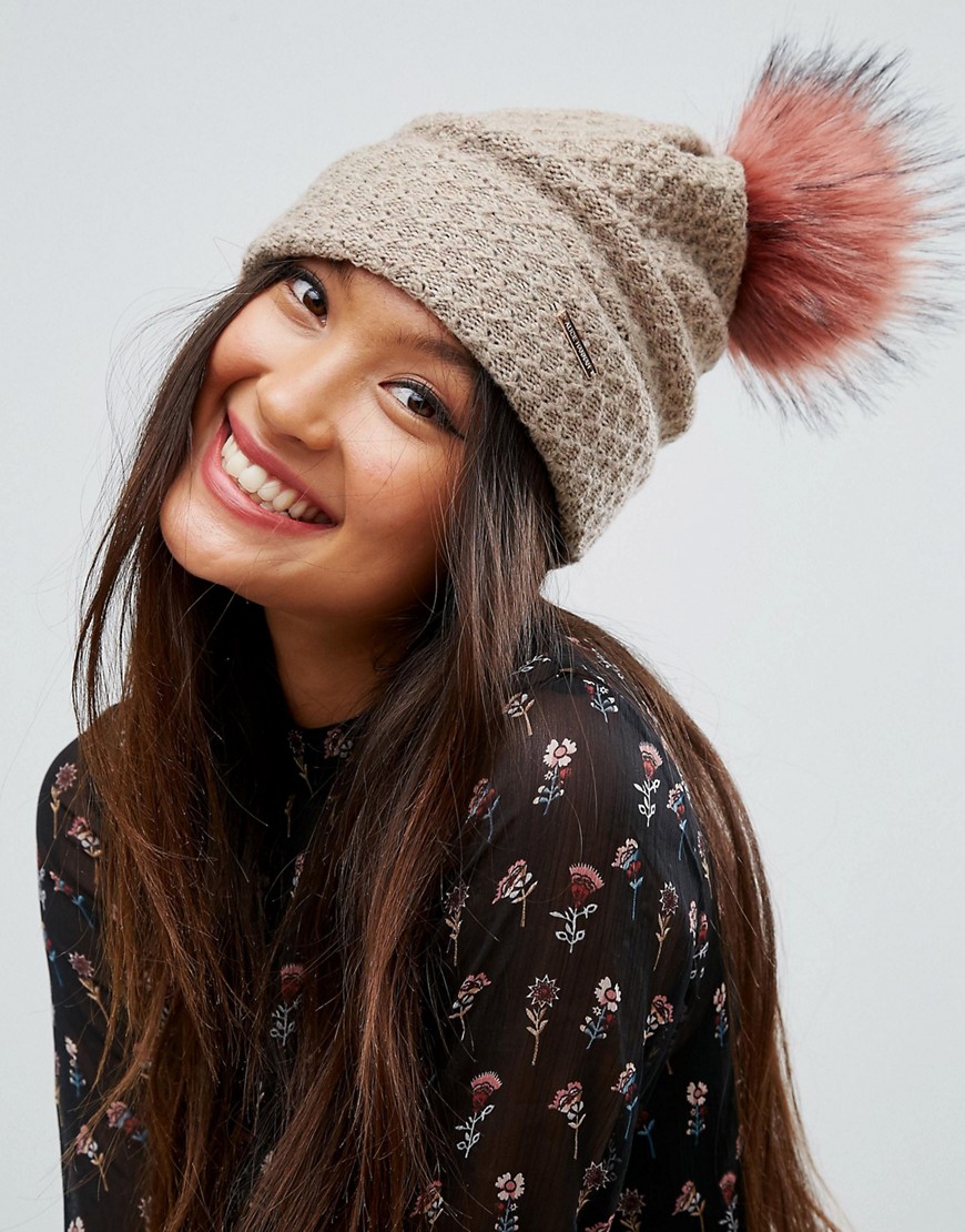 Alice Hannah Knitted Beanie With Faux Fur Pom Pom - Brown pink
