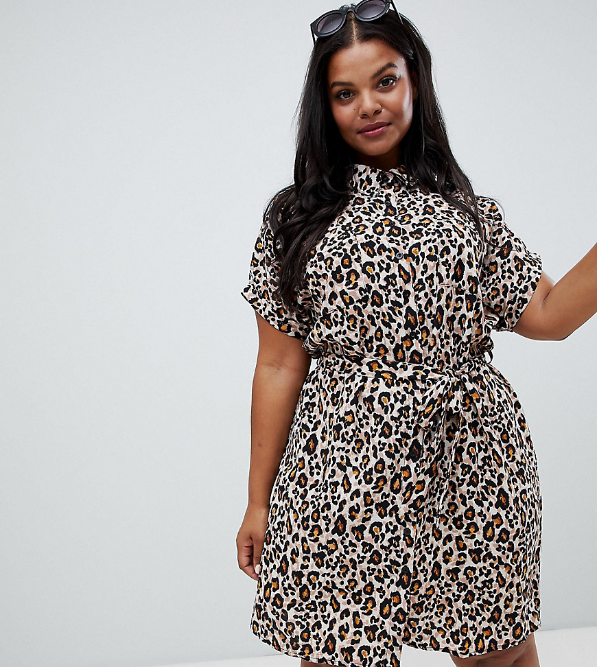 New Look Curve Leopard Print Shirt Dress - Brown