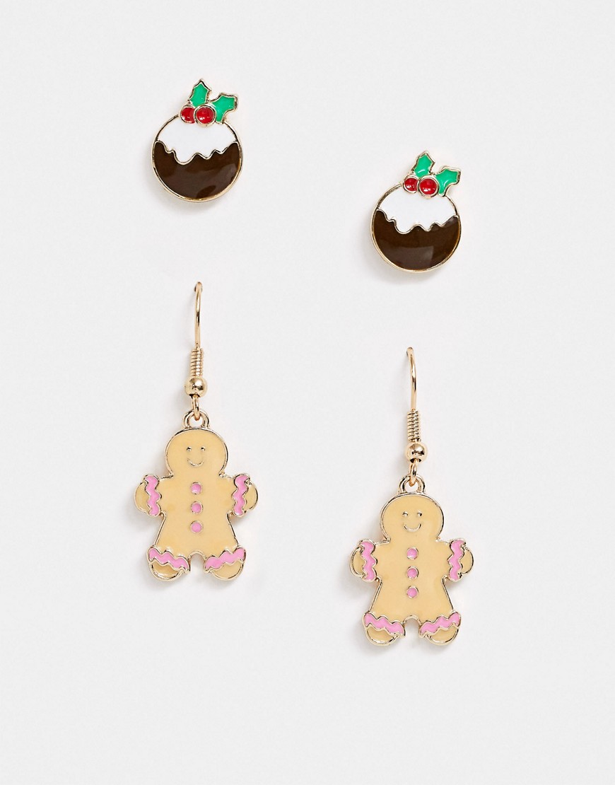Asos Design Holidays Pack Of 2 Earrings With Gingerbread People And Christmas Puddings-multi
