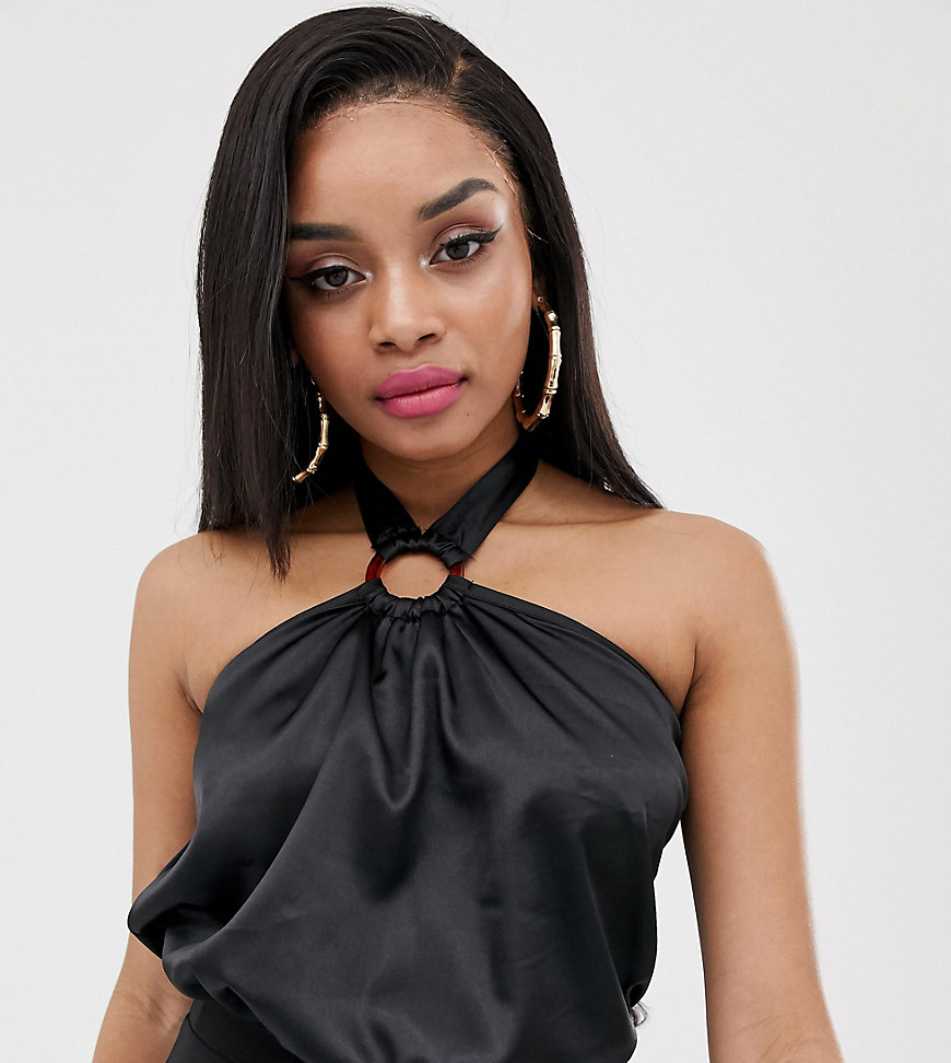 PrettyLittleThing Petite exclusive satin body with halterneck in black
