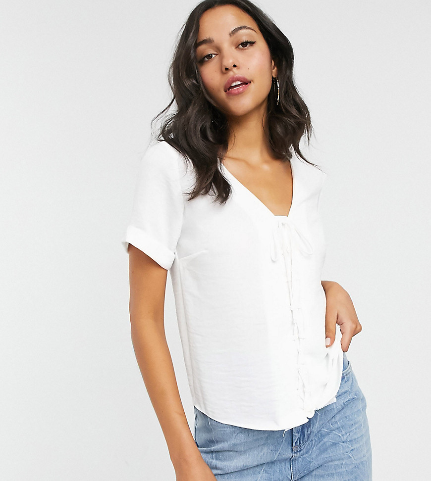 New Look Tall lace up front broderie detail blouse in off white